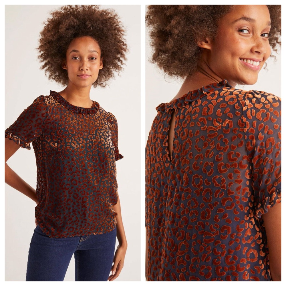 Boden Silk Blend Velvet Devore Leopard Print Ruffle Blouse Rust Navy US 4
